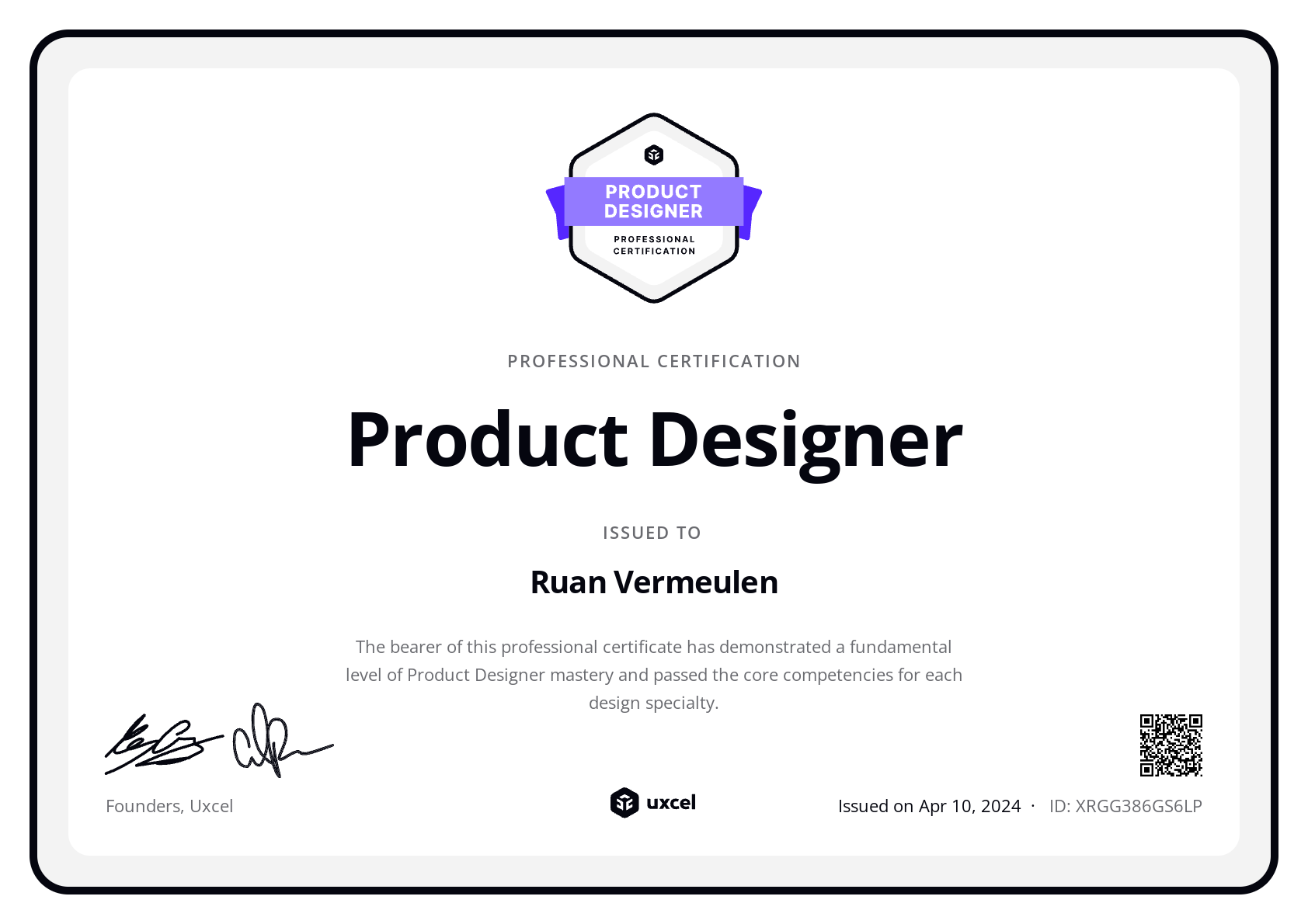 Ruan Vermeulen's certificate